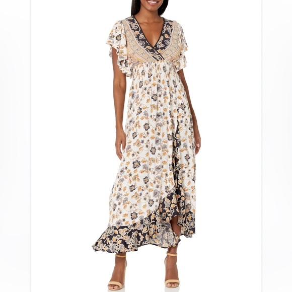 Angie BOHO Floral Printed‎ Ruffle Sleeves V-Neck Faux Wrap Maxi Dress Small NWT - Picture 1 of 6